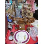 Pair of Cabinet Plates, model of a galleon HMS Bounty, pair plated eggcups, Waterford crystal clock,