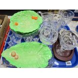 XIX Century Pressed Glass Wine Glasses, cut glass fruit bowl, Carlton Ware dishes:- One Tray