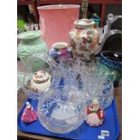 Royal Doulton Figures, Valerie HN2107, Kirsty HN3213, glass bowls, Masons Mandalay ginger jar lid;