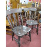 A Set of Three XIX Century Ash and Elm Kitchen Chairs, with turned rail supports, pierced splats, on