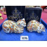 Royal Crown Derby Paperweights as 'Contented Cat' and 'Contented Kitten'', date codes for 1998 and
