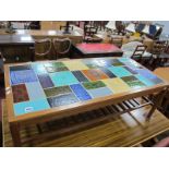 A Teak Wood Rectangular Shaped Coffee Table, the top inset with tiles, on splayed legs with