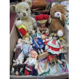 Gold Plush Teddy Bear, 37cm high, costume dolls. christening gowns, etc:- One Box