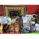 Pottery, stainless steel dishes, Dutch clogs, carved figures, rug, antlers, etc:- Two Boxes