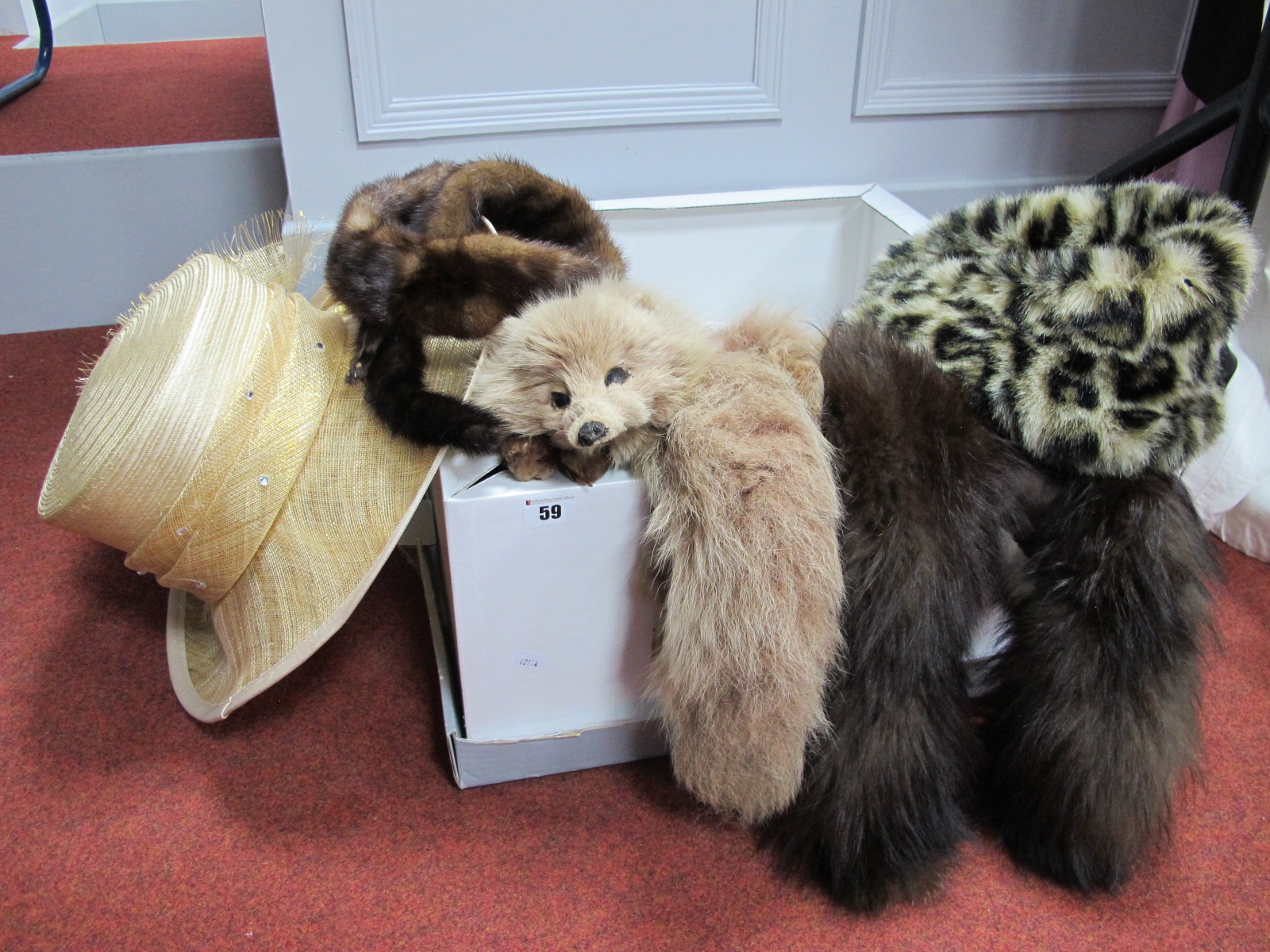 A Special Occasion Gold Flecked Straw Hat by Gwyther-Snoxells, two vintage fix fur tippets a mink