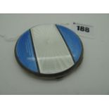 A Hallmarked Silver and Enamel Powder Compact, of circular form, highlighted in blue and white,