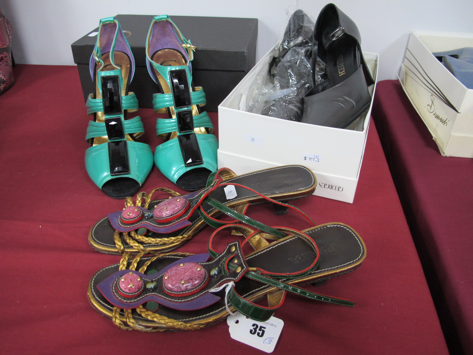 Roberto Cavalli; Turquoise Patent Sandals, with faceted black panel, purple flashed black stiletto