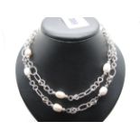 A Modern Fancy Link and Pearl Two Row Necklace, to T-bar and loop fastener, stamped "925".