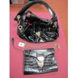Aspinal of London; A Black Alligator Print Leather Handbag, envelope style, with gilt metal shoulder