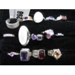 A Collection of Assorted Modern "925" Dress Rings, including mother of pearl, etc (finger sizes