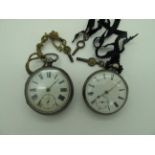 Two Hallmarked Silver Cased Openface Pocketwatches, (damages) similar white dials, engine turned