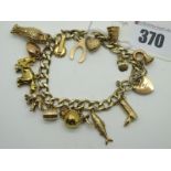 A 9ct Gold Curb Link Charm Style Bracelet, suspending numerous novelty charms, including thimble,