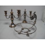 A Pair of Plated Twin Branch Candelabra, (three light converting to a pair of dwarf candlesticks);