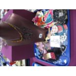 Costume Jewellery, vintage bead necklace, sequin bag, purse, keyrings, display bust, etc:- One Tray