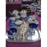 Assorted Plated Ware, including matching blue glass lined jug and sugar bowl, twin branch