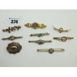 A Collection of Assorted Bar Brooches, including amethyst single stone, stamped "9ct"; a seed