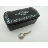 A Hallmarked Silver Napkin Hook, together with a XIX Century black lacquer snuff box, with shell