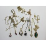 A Collection of Various 9ct Gold "375" and Other Pendants, on fine chains, including chains only,
