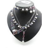 A Modern Pearl Set Necklace, collet set, stamped "925"; a modern pink drop pendant stamped "925", on