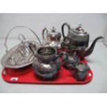 A Decorative Electroplated Three Piece Tea Set, allover decorated, with scroll handles, an EPBM