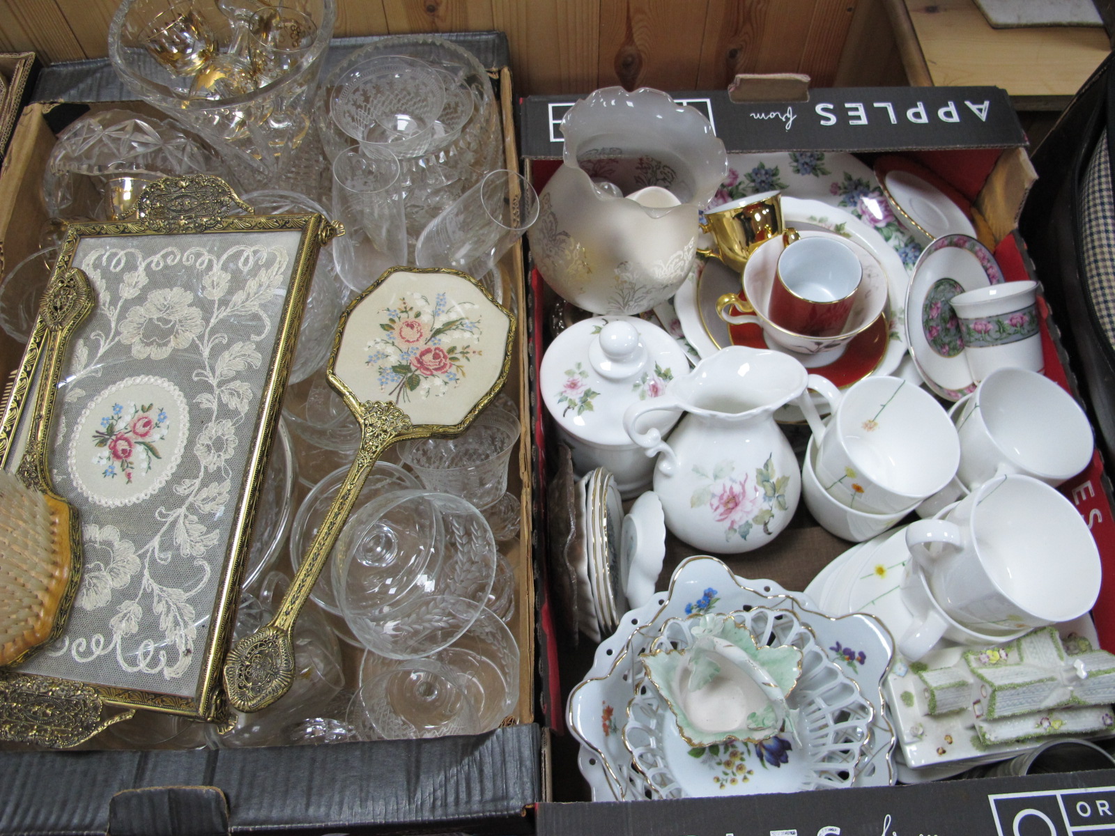 Glassware, Dressing Table Items, Ceramics etc:- Two Boxes