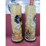 A Pair of Mid XX Century Venetian Blue Glass Cylindrical Vases, heavily encrusted with violets and