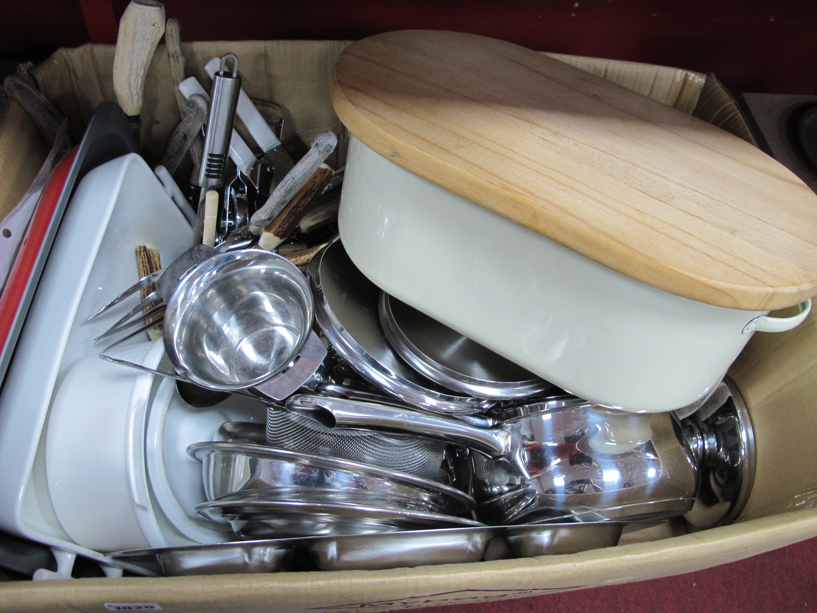 Pans, cutlery, kitchen ware, bread crock, etc:- One Box