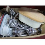 Pans, cutlery, kitchen ware, bread crock, etc:- One Box