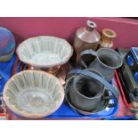 Two XIX Century Stoneware Jelly Moulds, with pineapple and berry designs, pewter measures, brass jam