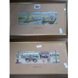 A Pair of Framed Cash's Silk Illustrations, one of a 1900 canal barge scene, the other of a 1902