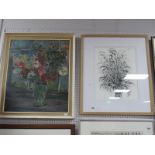 Lavinia Jones, Flowers in Vase, ink drawing, 44 x 35cm, signed; oil on board, similar. (2)