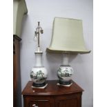 Pair of Chinese Pottery Table Lamps, featuring mountain landscapes; together with shades.
