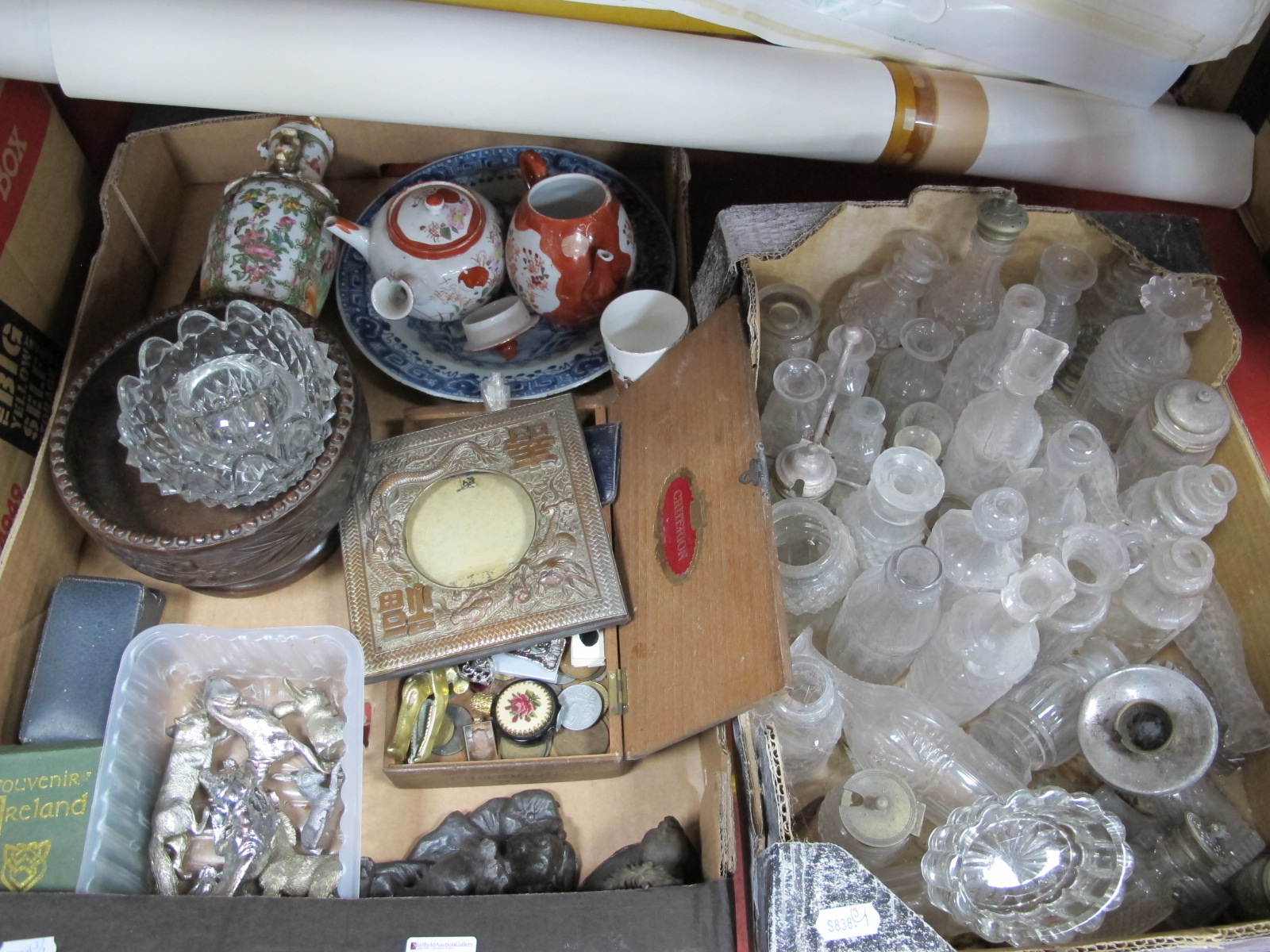 A Quantity of Glass Condiment Bottles, Oriental plate, vase etc, pre-decimal and foreign coinage,