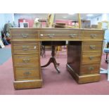 An Early XX Century Walnut and Mahogany Flat Top Desk, with three upper drawers over two flights