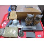 A XIX Century Rosewood Tea Caddy, a pair of book ends in the form of owls, pewter inkwell,