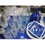 Copeland 'Spode's Tower' Plates and Dishes (9), XIX Century Bristol blue decanter, another clear,