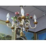 A Mid XX Century White & Gilt Twist Ceiling Light, of five branches intertwined with pink roses,