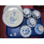 Chinese Pottery - Kangxi style plate, 23cm diameter, two others cracked, three tea cups and saucers,