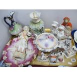 Bisque Red Riding Hood, and lady with fan, Fairings, Nippon ewer etc:- One Tray