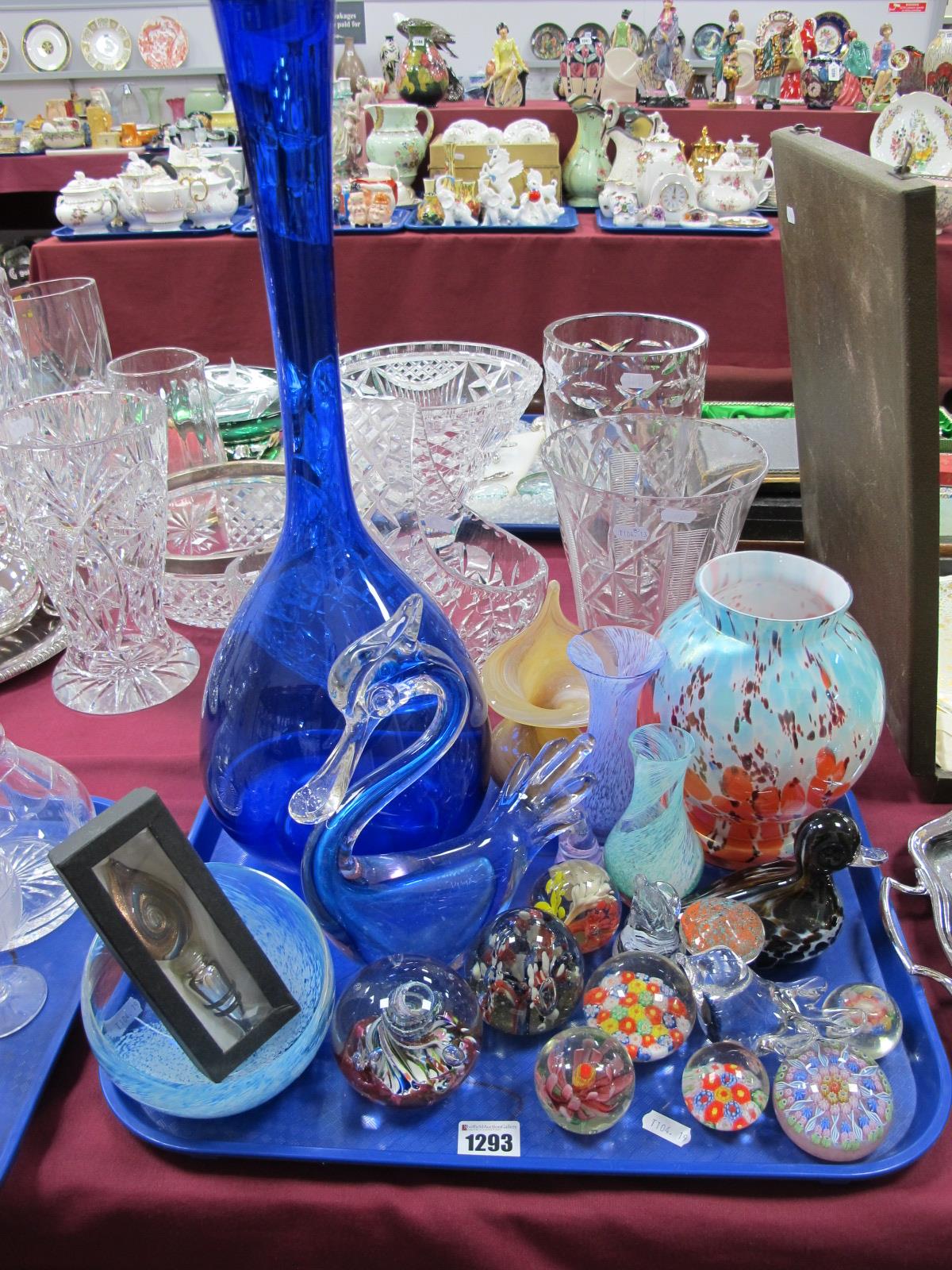 A Mottled Glass Globular Vase, Murano style duck, Caithness, millefiori and other paperweights, blue