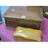 A Hardwood Wooden Box, with herringbone inlay and velvet interior, 33cm wide. Teakwood box made from