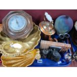 Italian Gilt Shell Bowls, octagonal wall barometer, Longchamp 8 x 30 binoculars, alabaster cased