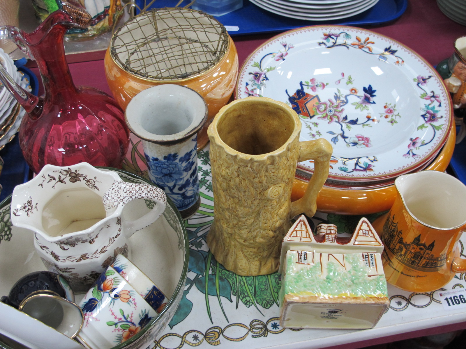 Three Items of Crown Devon, including a rose bowl, cranberry glass handled vase, other jugs and