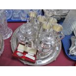Viners Circular Tray, with gadrooned rim, tea and hot water pots, six goblets, silver spoon.