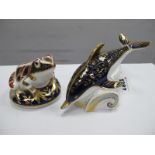 A Royal Crown Derby Paperweight, modelled as a Frog, date code for 1988; another as a Dolphin,