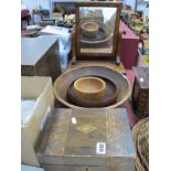 A XIX Century Toilet Mirror, Burma teak and other wooden bowls, work box.