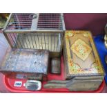 A Wood and Wire Animal Cage, 22cm wide, XIX Century tea caddy, snuff boxes, butter pats, etc:- One