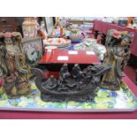 Two Chinese Soapstone Figures, 21cm high, resin immortal group, Acctim clock, jewellery case.