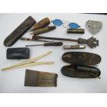 Antique Spectacles, in a case, sewing implements brushes, button hook, "Selfridge & Co Ltd Bargain