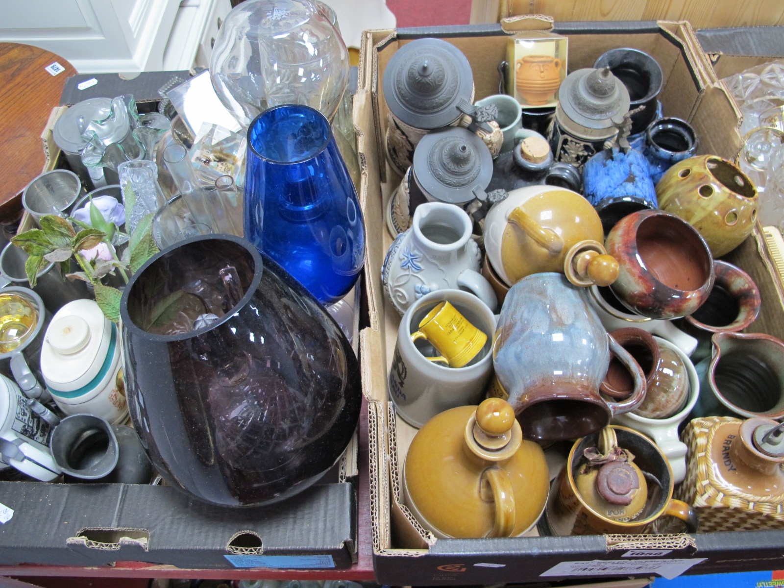 German Pottery Steins, tankards, studio pottery, pewter, glassware, etc:- Two Boxes